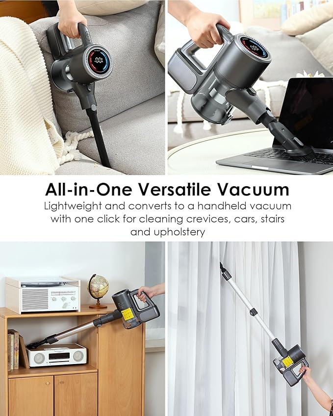 VersLife Cordless Vacuum Cleaner 500W/40KPA/40Mins, Lightweight Stick Vacuum with LED Display and Green Headlights, 6-Stages Filtration, Self-Standing Vacuum for Home Hard Floor Carpet, Silver