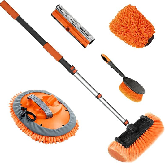 12FT Car Wash Brush with Long Handle, Car Cleaning Brush Kit with Soft Bristle Brush, Window Squeegee, Microfiber Mop, Wheel Brush, Mitt for Cleaning Truck, RV, Boat, Solar Panels