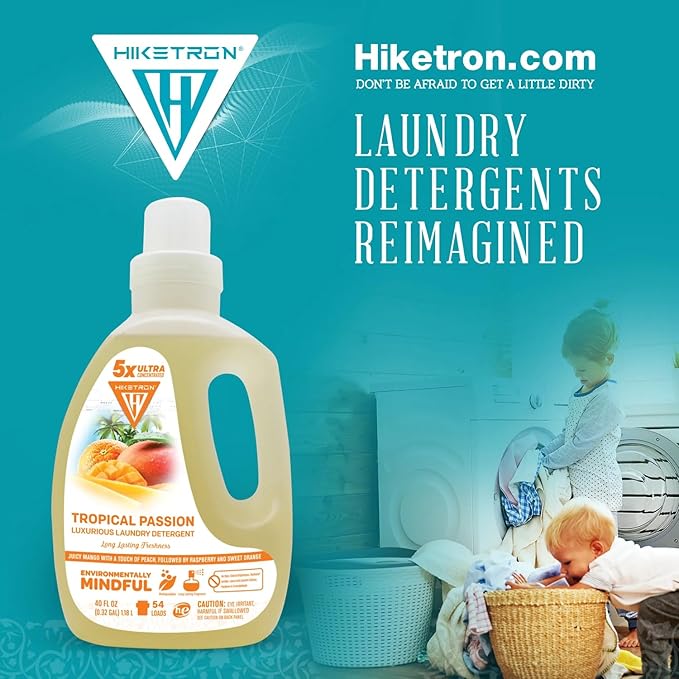 Hiketron Tropical Passion Liquid Laundry Detergent, 5x Ultra Concentrated, Tough Stains Remover, Long Lasting Scent (40 Fl Oz, Pack of 1)