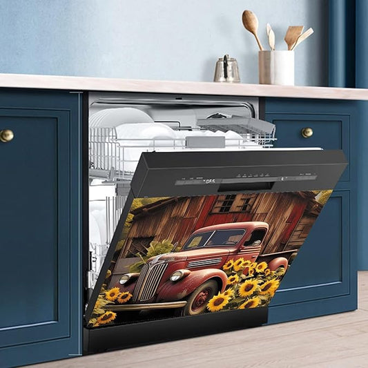 Farm Red Truck Dishwasher Magnet Cover Country Refrigerator Sticker for Kitchen Decor, Farmhouse Sunflower Magnetic Dishwasher Cover Panel, Reusable and Removable (23" W x 17" H Magnetic)