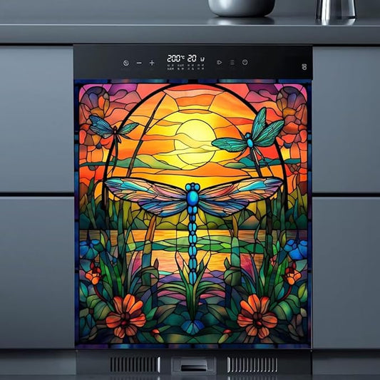 Dragonfly Dishwasher Cover for Home Appliance, Colorful Glass Art Vinyl Decal for Dish Washer Sticker, Spring Flowers Refrigerator Panel Door Cover, (23" x 26" Ordinary)