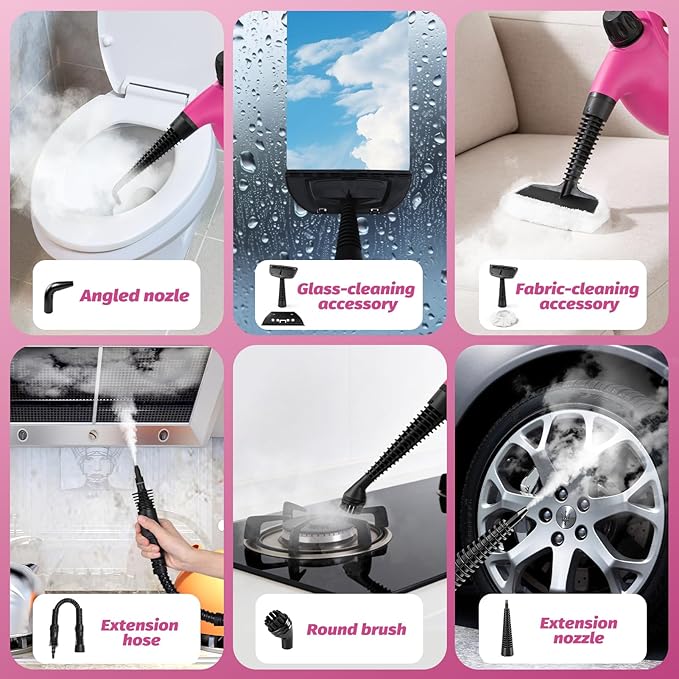 KIATO Handheld Steam Cleaner, Hand Held Steamer for Cleaning Home, Portable Pressurized Steamers for Upholstery Furniture Sofa Couch Floor Tile Grout Bathroom, Pink, SC23