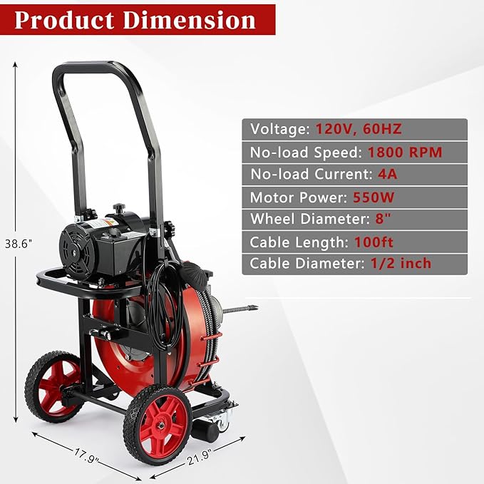 Winado Drain Cleaner Machine 100 FT x 1/2 Inch, 550W Portable Electric Drain Sewer Auger Cleaning Auto Feed with 4 Cutter, Air-activated Foot Switch, Gloves for 1" to 4" Pipes