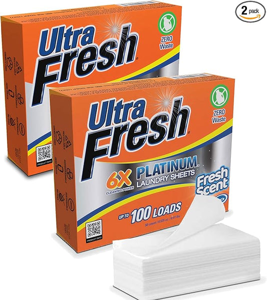 Ultra Fresh Platinum 2 Pack Laundry Soap Detergent Sheets, Ultra Concentrated, Stain Fighting, Fresh Scent, 200 Loads