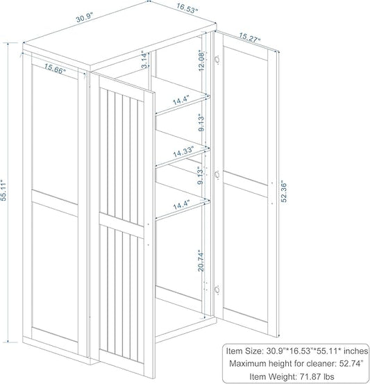 Wooden 55" Tall Broom Closet Storage Cabinet for Vacuum Cleaner & Floor Scrubbers with 2 Doors and Adjustable Shelf, Cleaning Supply Cabinet with Bottom Openwork for Laundry Room, Garage