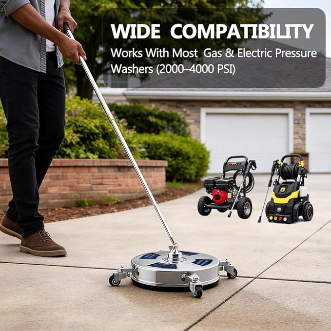 14 Inch Pressure Washer Surface Cleaner – Stainless Steel, 2000–4000 PSI Power Washer Attachment with Wheels, Extension Wands & Quick Connect – Driveway, Patio, Sidewalk, Deck Cleaning Tool