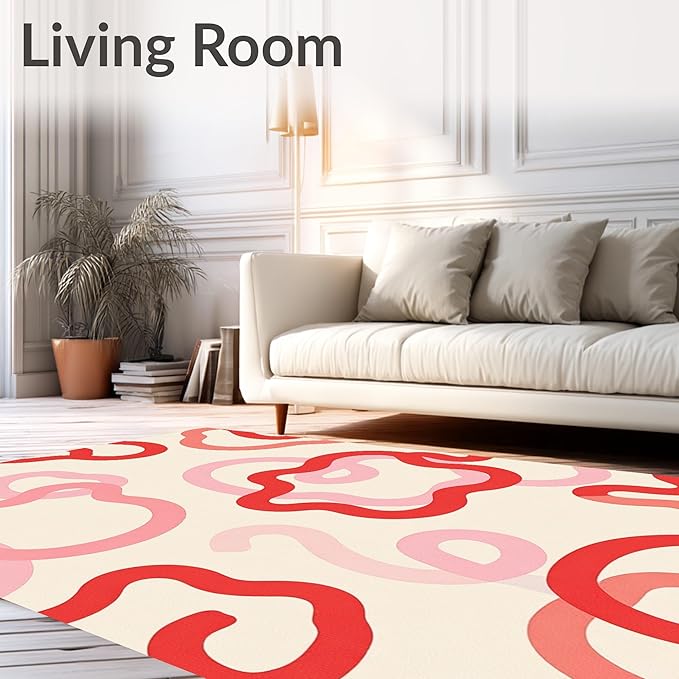Flatwoven High Traffic Area Rug 6, Abstract Swirl Mosaic Design Bathroom Curtain with Matching Towels, Non Slip, Stain Resistant, Washable Area Rugs for Living Room, Bedroom (Red, 6)