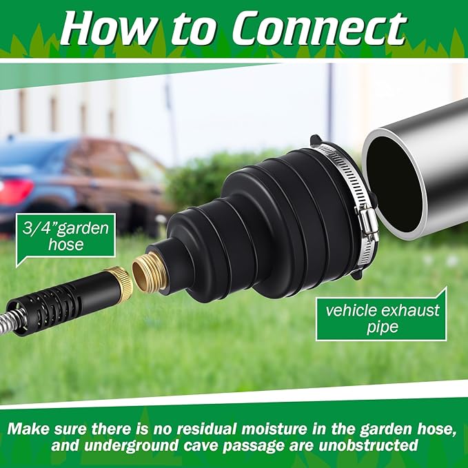 Qualirey Pest Control Exhaust Pipe Attachment with 50ft Stainless Steel Garden Hose, Transport Exhaust from Car to Underground for Killing Outdoor Rodents Such as Moles, Gophers