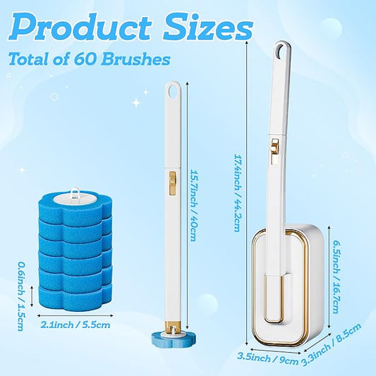 Disposable Toilet Cleaning Brush - Toilet Bowl Cleaner Wand and Holder Set with 60 Refills, Wall Mounted Clean Stick Brush Heads Kit with Handle for Bathroom Bathtub Cleaning System