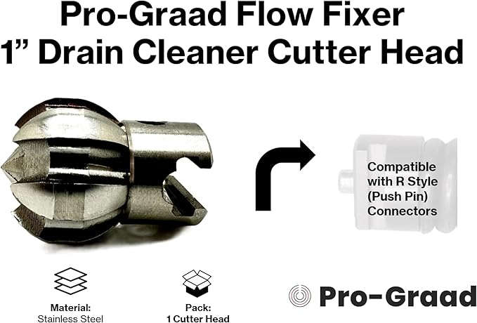 1” Flow Fixer Drain Cleaner Plumbing Snake Cutter Head for 1-1/4" - 2" Pipes, Clears & Scrapes Pipe Inner Walls, with R-Connector (Push Pin Fitting), for Commercial & Residential Use