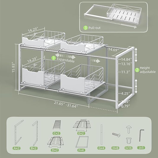 NETEL Pull Out Cabinet Organizer, Slide Out Drawers for Kitchen Cabinets, 2 Tier Expandable Pull Out Under Sink Organizers and Storage, 4 Pull-Out Metal Baskets, (21.5-31.64)" W X 14.69" D X 15.83" H