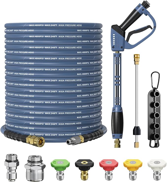 Pressure Washer Gun and Hose Kit, 4800PSI Steel-Braided & Durable - Flexible & Kink-Resistant Power Washer Hose 100 FT with 3/8" Swivel Quick Connector and M22 14mm Adapters Replacement