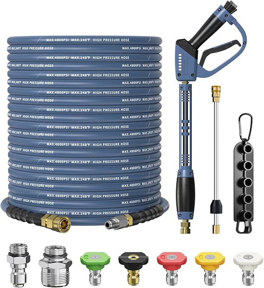 Pressure Washer Gun and Hose Kit, 4800PSI Steel-Braided & Durable - Flexible & Kink-Resistant Power Washer Hose 100 FT with 3/8" Swivel Quick Connector and M22 14mm Adapters Replacement