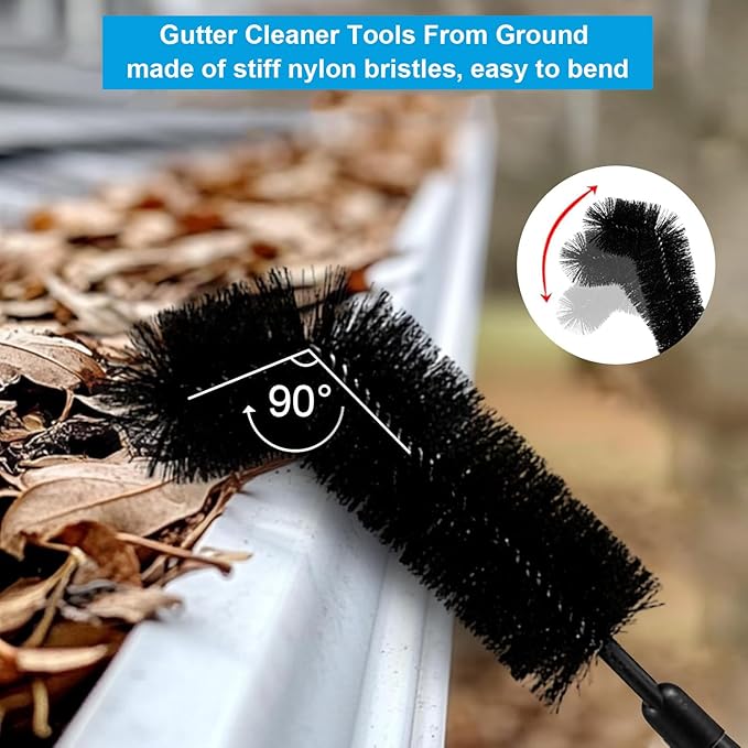 Gutter Cleaning Tools from Ground - 13FT Long Adjustable Gutter Cleaner with 2 Brushes Heads and Scoop, Rain Gutter Cleaning Tool for Easily Clear Roof Leaves and Debris