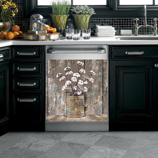 Vintage Wood Dishwasher Cover Kitchen Decorative,Rustic Wooden Dishwasher Magnet Cover Decor Cotton Flower Sticker,Retro Farm Floral Dishwasher Decal Home Appliance Panel Stickers 23"x26"