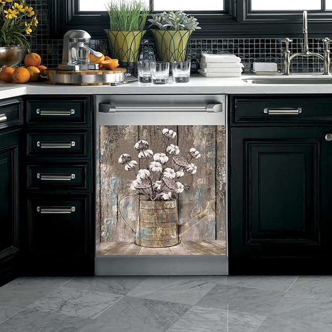 Vintage Wood Dishwasher Cover Kitchen Decorative,Rustic Wooden Dishwasher Magnet Cover Decor Cotton Flower Sticker,Retro Farm Floral Dishwasher Decal Home Appliance Panel Stickers 23"x17"