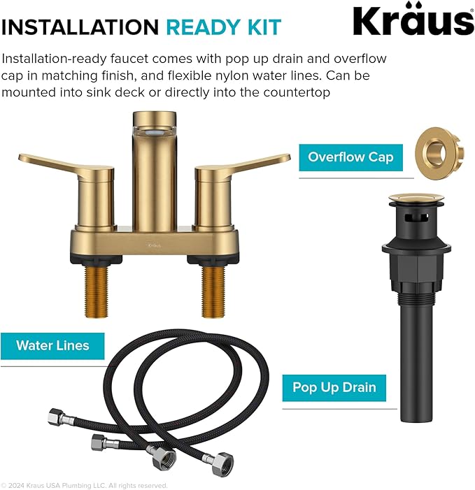 KRAUS Indy Centerset Bathroom Faucet in Spot-Free Brushed Brass with 2 Handles, Pop Up Drain and Supply Lines, FUS-14102SFBB