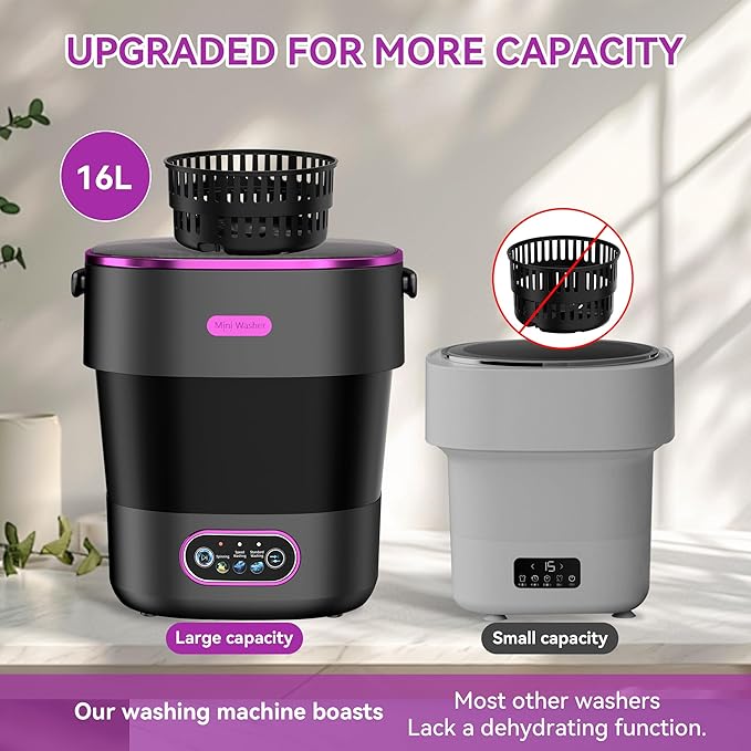 Portable Washing Machine, Mini Washer and Spin-Dryer With Folding Hanger, 16L Large Capacity Small Compact Laundry Machine of Underwear, Baby Clothes, for Apartments, Dormitories, RV, Travel, (Black)