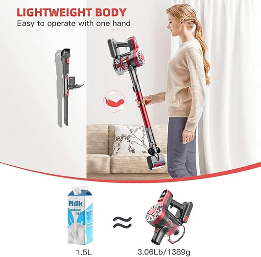 WLOTPO Cordless Vacuum Cleaner for Home,Lightweight Stick Vacuum Cordless Rechargeable with Power Suction, Up to 35 Mins Runtime, Hardwood Floor Vacuum for Pet Hair,Carpets,Tile(Cherry Red)