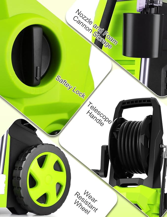 commowner𝐏𝐨𝐰𝐞𝐫 𝐖𝐚𝐬𝐡𝐞𝐫 𝟓𝟎𝟎𝟎𝐏𝐒𝐈 Portable with 33FT Pipe, 4 Nozzle Set for Home/Cars/Fences/Windows, Green