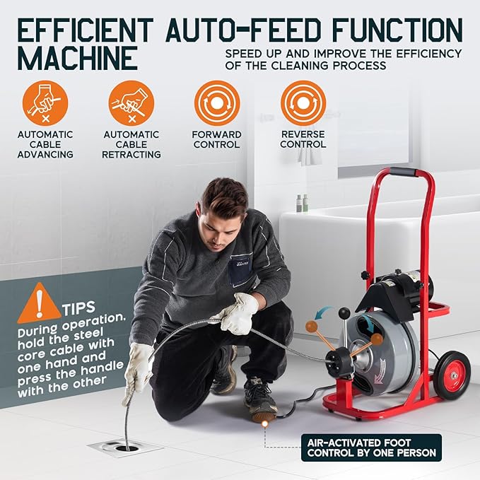 Albott 50 FT x 3/8 inch Electric Drain Cleaner Machine with Auto-Feed & 10 Cutters, Sewer Snake Auger for 1–4 Inch Pipes, Foot Switch & Wheels, Ideal for Home & Commercial Use, Gray/Red