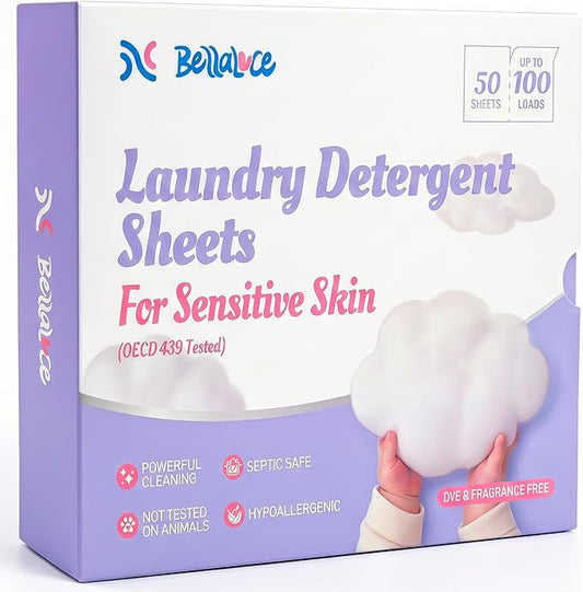 BellaLuce Sensitive Skin Laundry Detergent Sheets, 100 Loads (50 Count) - Hypoallergenic & Fragrance Free Washing Strips, Gentle for Baby, Travel & Dorm Essentials