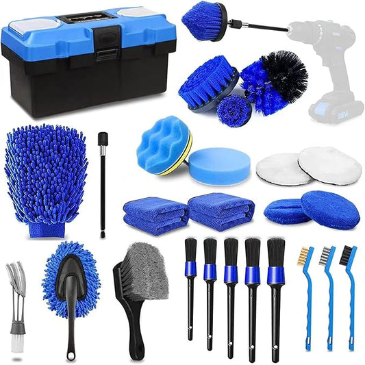 27-Piece Car Cleaning Kit, Professional Auto Detailing Tools with Microfiber Towels, Brush Set & Interior Cleaner Accessories for Car Wash, RV, Truck (Blue)