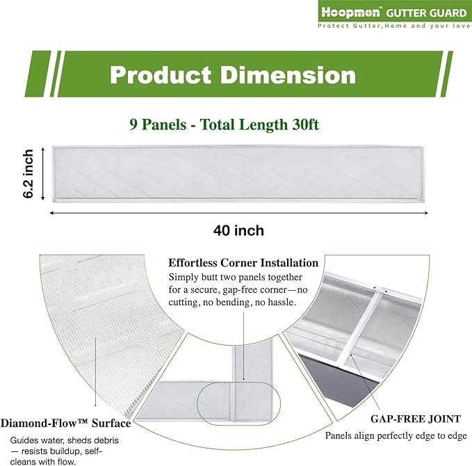Gutter Guard – 100% Stainless-Steel Micro-Mesh Design, Pine Needle & Small Debris Protection, Fits 6 in K‑Style & Half‑Round Gutters, DIY Screws Included (30ft, 9pcs, 6in x 40in)
