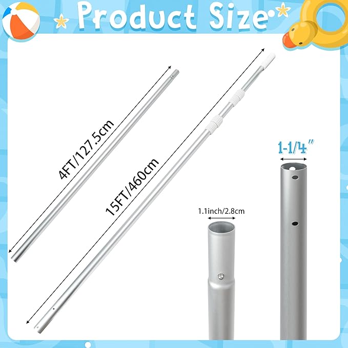 Swimming Pool Pole Telescopic - 15 FT Aluminum Pool Cleaning Pole, Heavy Duty Skimmer Telescoping Tool, Adjustable 3 Piece Extendable Cleaning Equipment for Skimmer Net Brush Vacuum Head Rake
