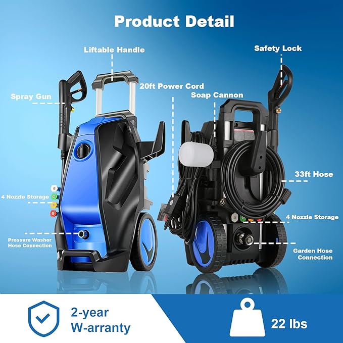 5000 PSI Pressure Washer with 33FT Hose Power Washers Powered Professional High Pressure Cleaner Machine, Foam Cannon, 4 Tips, powerwashers for Home Cars