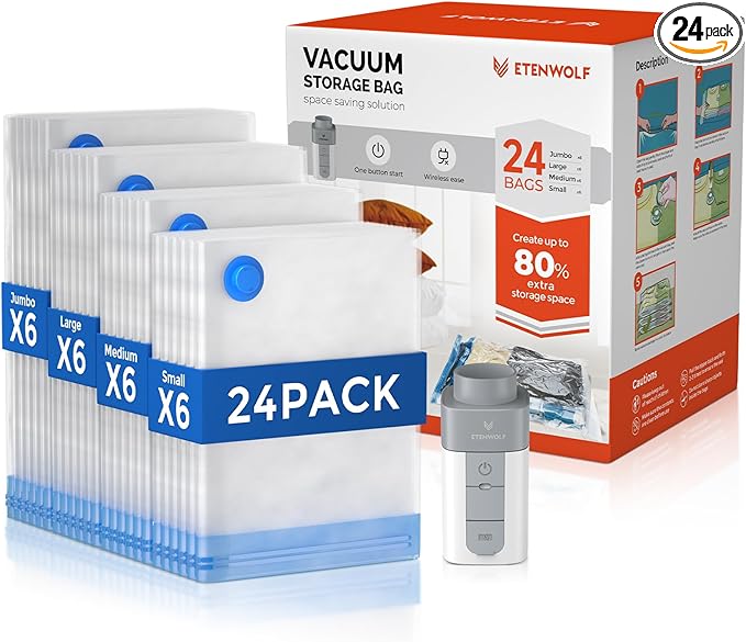 ETENWOLF 24 Pack Vacuum Storage Bags with Rechargeable Wireless Pump, Vacuum Seal Bags for Clothes and Travel, Space Saver Bags in Multiple Carry-On Sizes, Perfect for Luggage and Suitcases