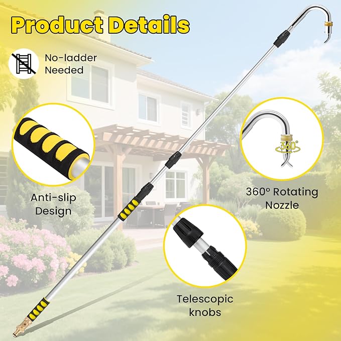Gutter Cleaning Tools, 16ft Gutter Cleaner Tools From the Ground with Hose Attachment, Rain Gutters Cleaning Wand with Heavy-Duty Head for 2nd Story House