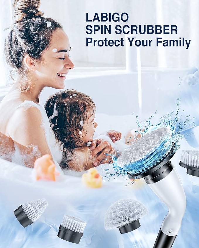 Electric Spin Scrubber, Cordless Cleaning Brush Scrubber with 7 Replaceable Brush Heads and Adjustable Extension Handle, IPX7 Waterproof Power Cleaning Brush for Bathroom Tub Floor Tile Shower