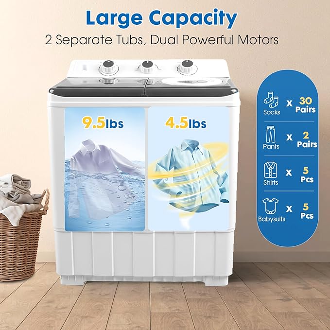 Portable Washing Machine Twin Tub - 14lbs Compact Washer (9,5lbs) and Spinner Dryer (4.5lbs) Combo with Drain Pump - Semi Automatic Washing Machine for Apartments, Dorms, RVs, Camping - Grey