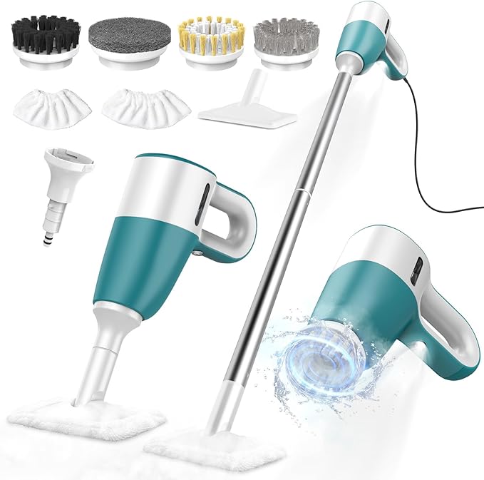 Steam Cleaner with Electric Spin Scrubber, 2-in-1 Pressurized Handheld Steam Cleaner with Detachable Long Handle, Continuous Steam, Chemical-Free Steamer for Cleaning Floor, Tile, Grout, Bathroom&Car