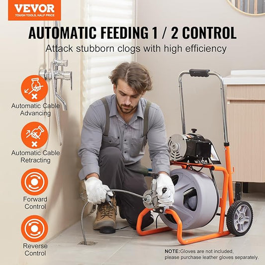 VEVOR Drain Cleaner Machine 75FT x 3/8 Inch, Auto Feed Sewer Snake Drain Auger on Wheels, Portable Drain Cleaning Machine with 8 Cutters & Air-activated Foot Switch for 2" to 4" Pipes