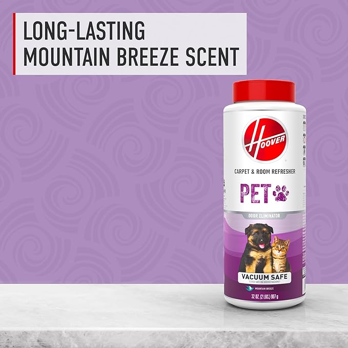 Hoover Pet Carpet and Room Refresher, 32 oz, Carpet Powder, Pet Odor Remover, Mountain Breeze Scent, Vacuum Cleaner Safe, For Use on Carpets, Rugs, Couches & More, For Home Use