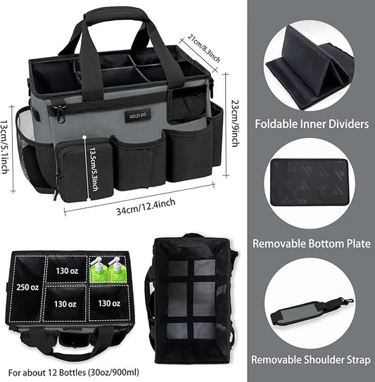 Wearable Cleaning Caddy Bag, Large Cleaning Supply Tote with Adjustable Shoulder and Waist Straps for Housekeepers (Grey)