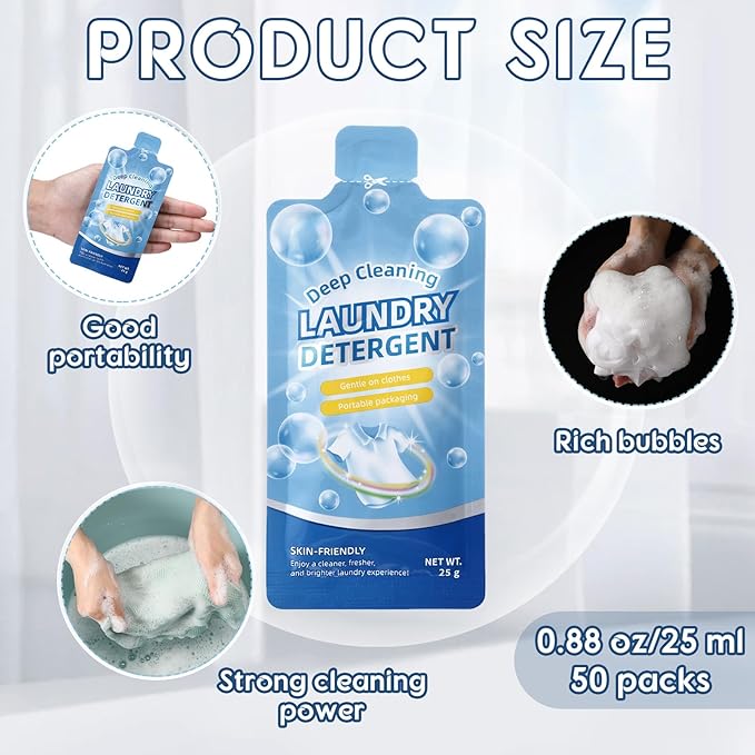 Loopeer 50 Pcs Individual Travel Laundry Detergent 0.88 oz Portable Detergent Packets Travel Size Single Use Liquid Soap for Traveler Hostel Essentials Cleaning