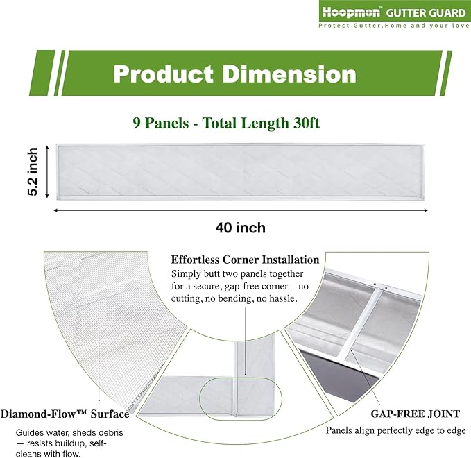 Gutter Guard – 100% Stainless-Steel Micro-Mesh Design, Pine Needle & Small Debris Protection, Fits 5 in K‑Style & Half‑Round Gutters, DIY Screws Included (30ft, 9pcs, 5in x 40in)