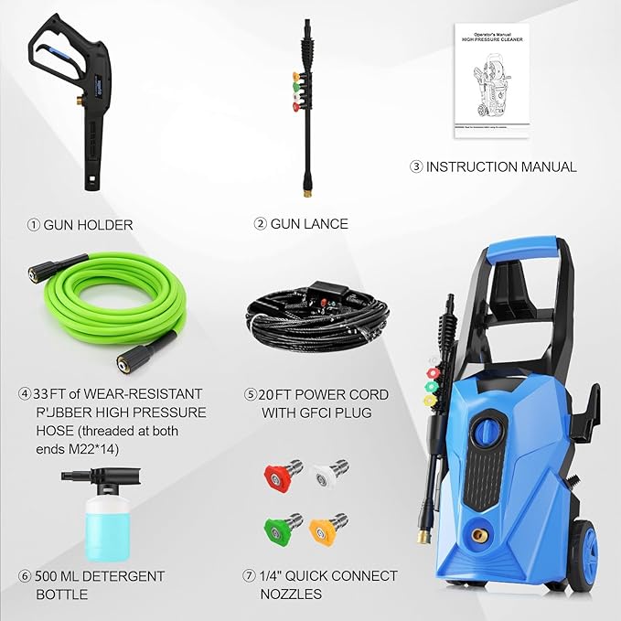 commowner𝐏𝐨𝐰𝐞𝐫 𝐖𝐚𝐬𝐡𝐞𝐫 𝟓𝟎𝟎𝟎𝐏𝐒𝐈 Portable with 33FT Pipe, 4 Nozzle Set for Home/Cars/Fences/Windows, Light Blue
