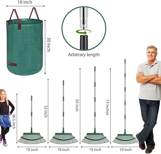 Adjustable Metal Leaf Rake Set – 25 Tines, 38-73" Handle, 19" Wide with 2 Pack 32-Gallon Leaf Bags & Scoops – Heavy Duty Garden Rake for Lawns, Shrubs, Grass, Flower Beds & Outdoor Use