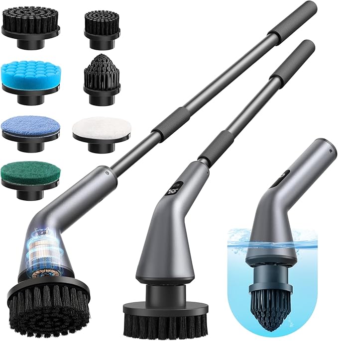 Electric Spin Scrubber, IPX7 Waterproof Dual Speed Cordless Cleaning Brush with 7 Replacement Heads, Extendable Long Handle Shower Scrubber for Bathroom Shower Bathtub Glass Tub Tile Floor Car