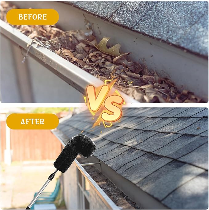 Gutter Cleaning Brush Extendable Guard Cleaner Tool with 8 Pcs Telescoping Handle Extension Pole 10ft, Gutter Cleaning Tools from The Ground for Easy Removing Leaves Debris Window Cleaner (Black)
