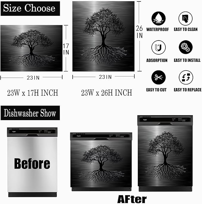 Dishwasher Magnet Cover Black Tree of Life Dishwasher Cover Magnetic Sticker Brushed Stainless Steel Effect Kitchen Appliances Fashion Door Cover Magnet Decor Decal 23" x 17" Magnetic