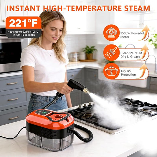 Steam Cleaner for Home & Car - 1200ML Water Tank 15s Heat-Up Portable Steamer for Cleaning, 6 Level Handheld Steam Cleaner for Car Detailing with 6 Accessories for Furniture, Grease, Carpet, Grout