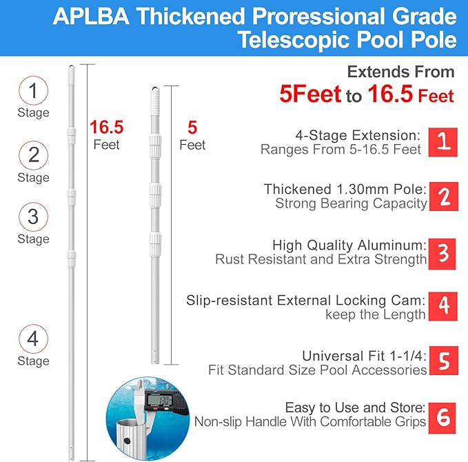 ARLBA Upgraded Professional 16.5 Feet Swimming Pool Pole Telescopic Aluminum Thicken 1.30mm Adjustable Fits Skimmer Net Rake Vacuum Head Brush Pool Cleaning Equipment Heavy Duty -Universal Fit 1-1/4
