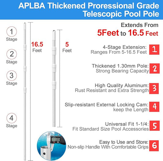 ARLBA Upgraded Professional 16.5 Feet Swimming Pool Pole Telescopic Aluminum Thicken 1.30mm Adjustable Fits Skimmer Net Rake Vacuum Head Brush Pool Cleaning Equipment Heavy Duty -Universal Fit 1-1/4