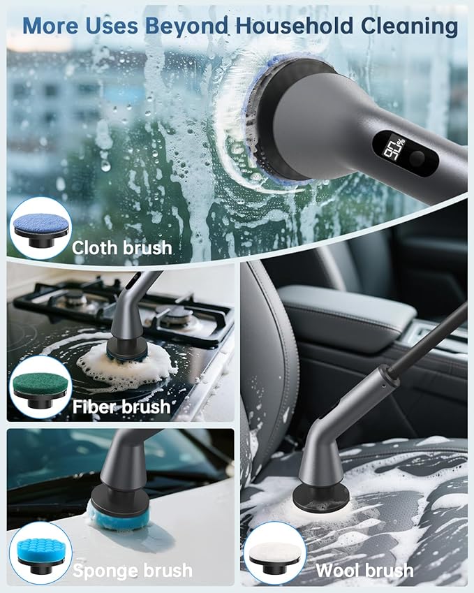 Electric Spin Scrubber, IPX7 Waterproof Dual Speed Cordless Cleaning Brush with 7 Replacement Heads, Extendable Long Handle Shower Scrubber for Bathroom Shower Bathtub Glass Tub Tile Floor Car