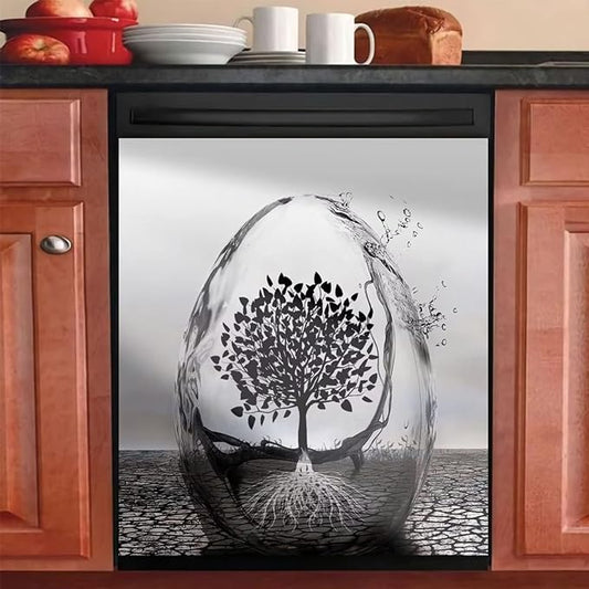 Wine Glass and Tree of Life Art Decoration Dishwasher Cover Black Abstract Decal Magnetic Cover for Dishwasher Front Door 23x17inch Magnet Sticker Kitchen Dishwasher Decor Panel